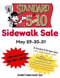 Sidewalk Sale May 29-31! Up to 90% off! Everything must go!